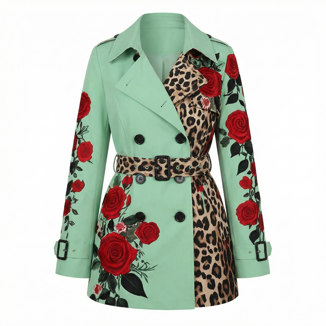 Vibrant rose print tailored coat for women. Elegant, chic, and stylish fashion outerwear.