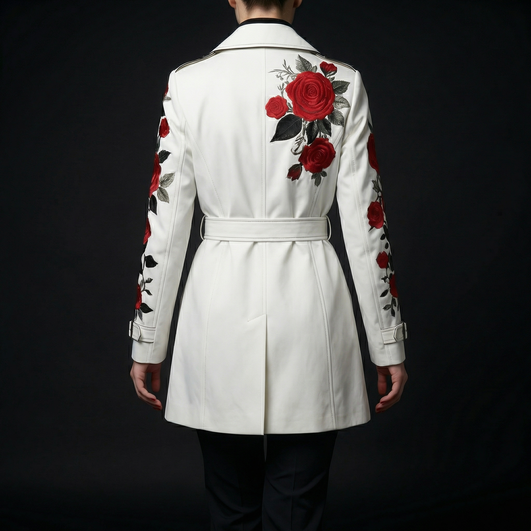 Stylish women's tailored coat featuring a vibrant rose print. Fashionable statement piece.
