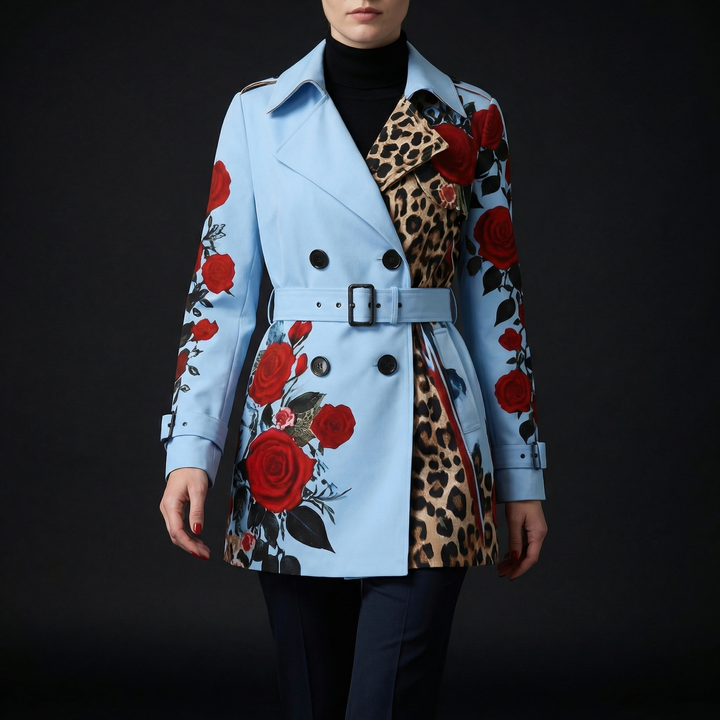 Chic rose print tailored coat for women. Elegant floral outerwear for stylish fashion.