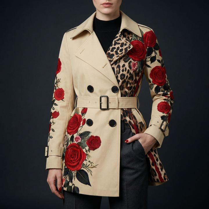 Women's fashion tailored coat with sophisticated rose print design. Elegant and stylish.