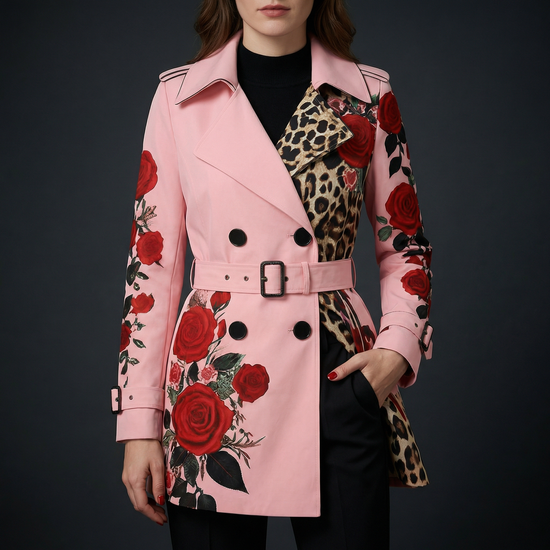 Statement rose print tailored coat for women. Elegant outerwear for a chic look.
