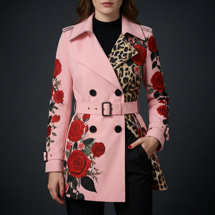 Statement rose print tailored coat for women. Elegant outerwear for a chic look.