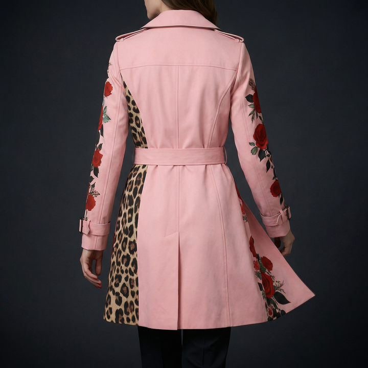 Beautiful rose print women's tailored coat. Elegant and stylish floral fashion outerwear.