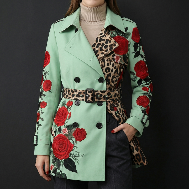 Sophisticated women's tailored coat with an elegant rose print. Chic fashion outerwear.