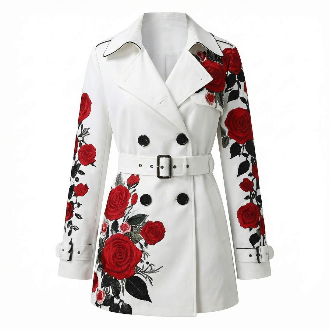 Stylish rose print women's coat, perfectly tailored. Elegant and chic statement outerwear.