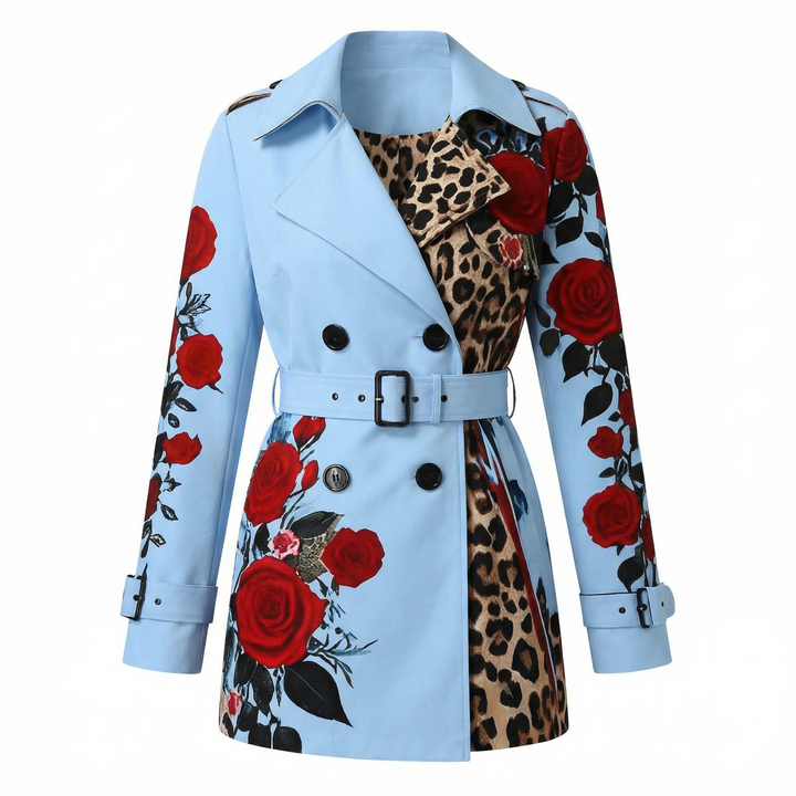 Elegant women's outerwear: a tailored coat with a stunning rose print. Chic fashion.