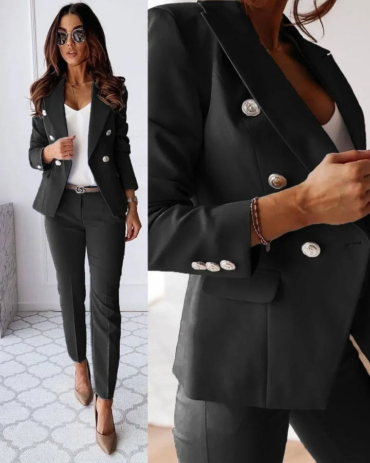 Elegant women's tailored double-breasted suit set, perfect for professional business attire & office wear.