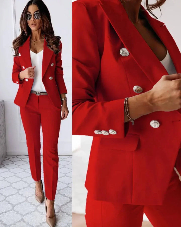 Professional women's double-breasted blazer and trouser set, an essential for sophisticated office fashion.