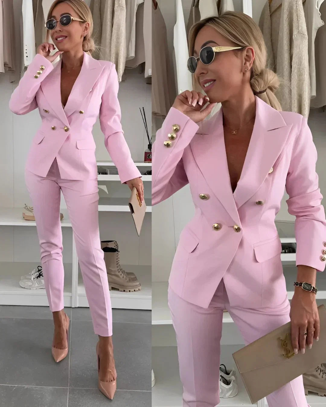 Stylish women's formal suit set, featuring a tailored double-breasted blazer for business elegance.