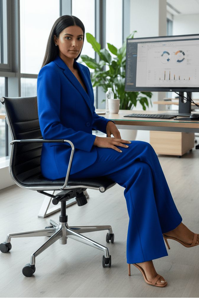 Chic women's power suit set, featuring a structured blazer & slim tailored trousers for business fashion.