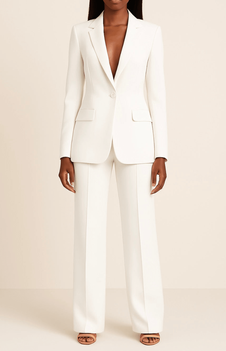 Womens slim-fit tailored suit set: structured blazer & chic slim trousers, perfect for office or business.