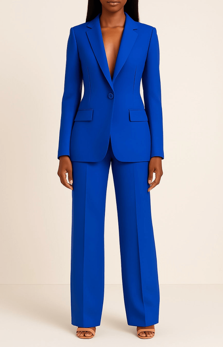 Professional women's tailored blazer and slim trousers suit set. Ideal business fashion and office attire.