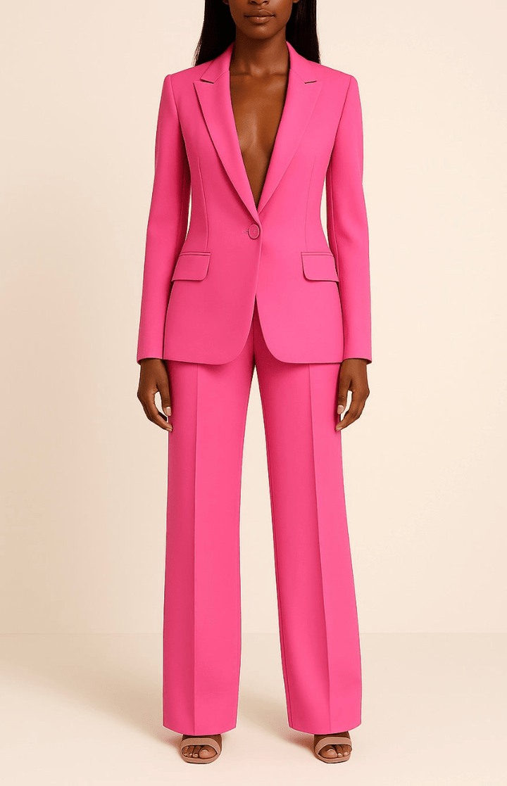 Women's tailored blazer and trousers suit set. A professional, elegant, two-piece office attire.