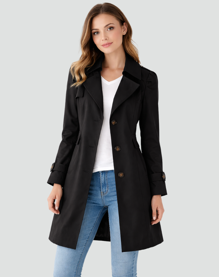 Elegant women's tailored trench coat, perfect for a sophisticated spring or fall look. Classic outerwear style.
