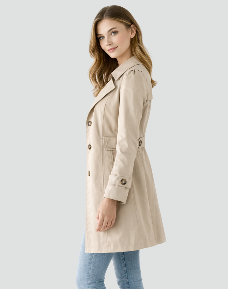 Sophisticated women's elegant trench coat, featuring a tailored fit & stylish lapel collar. Perfect outerwear.
