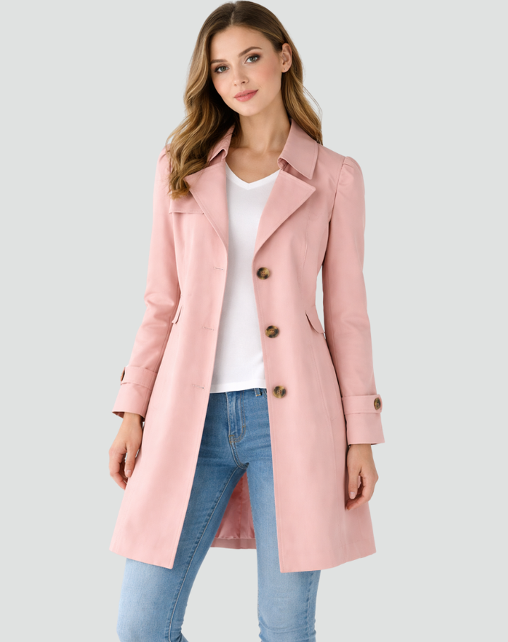 Elegant women's trench coat with a sophisticated tailored fit. Classic outerwear for versatile spring & fall style.