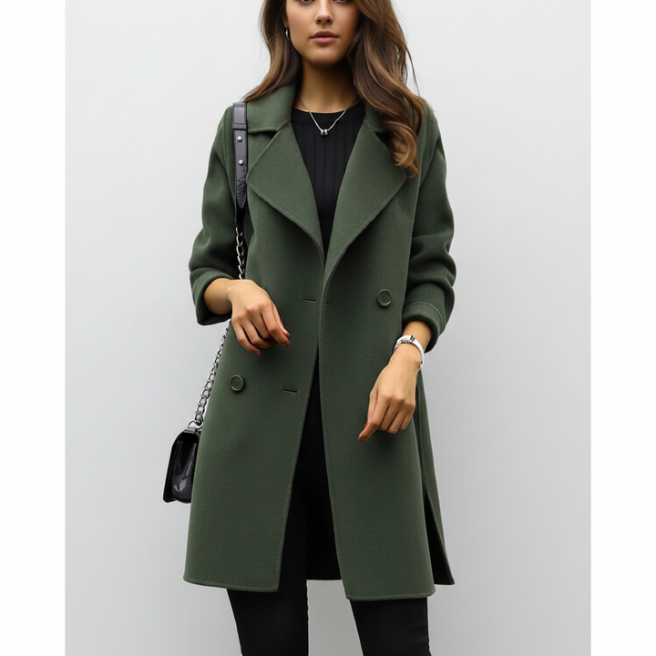 Warm wool blend long coat for women, showcasing a flattering tailored fit and elegant outerwear