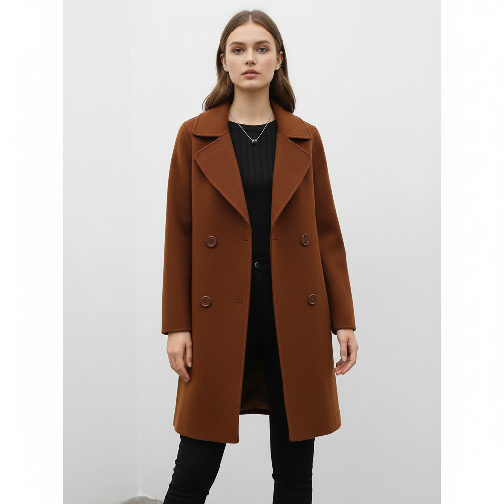 Long, elegant women's winter jacket, featuring a tailored design and comfortable wool blend