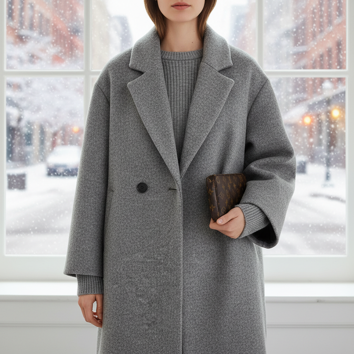 Elegant women's tailored wool winter coat in black, long fit, showcasing sophisticated style and warmth.