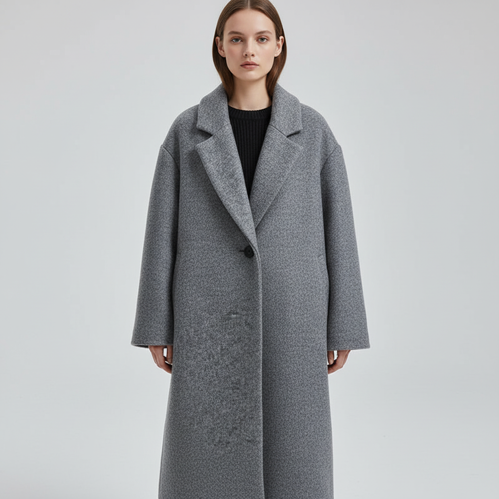 Warm women's tailored wool winter coat with hood, ideal for cold weather, front view.