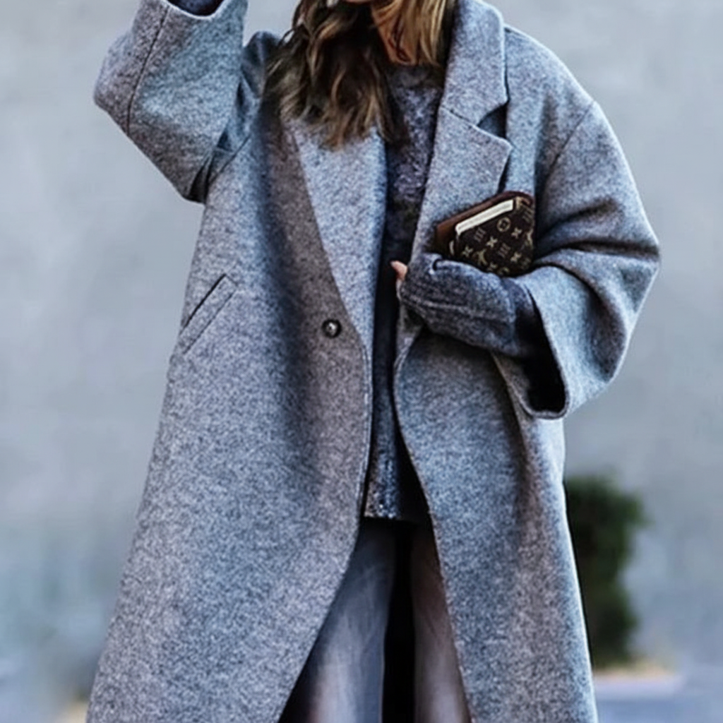 Side view of a long women's tailored wool winter coat, emphasizing its sleek silhouette and quality.