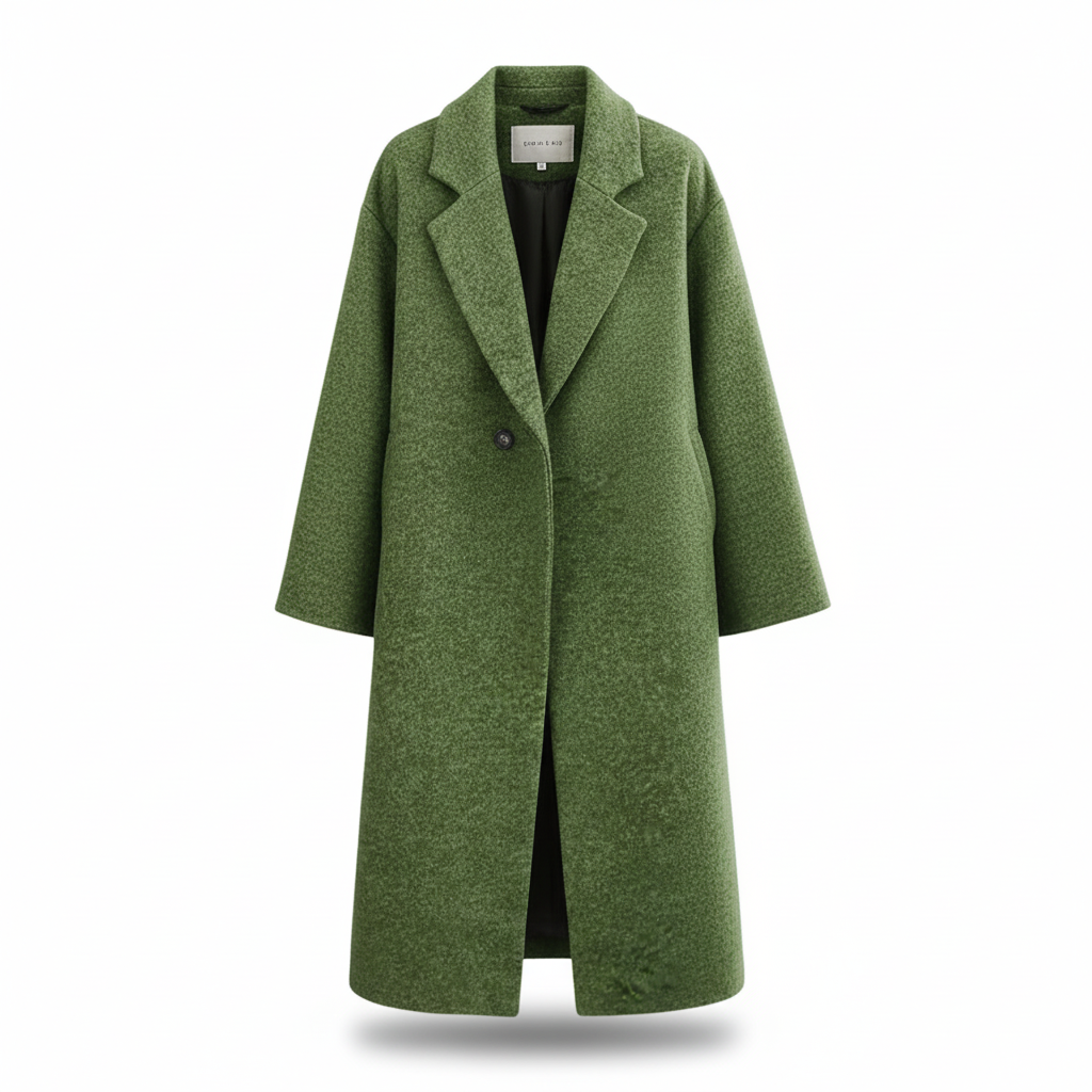 Back view of a women's tailored wool winter coat, showing its elegant cut and length.