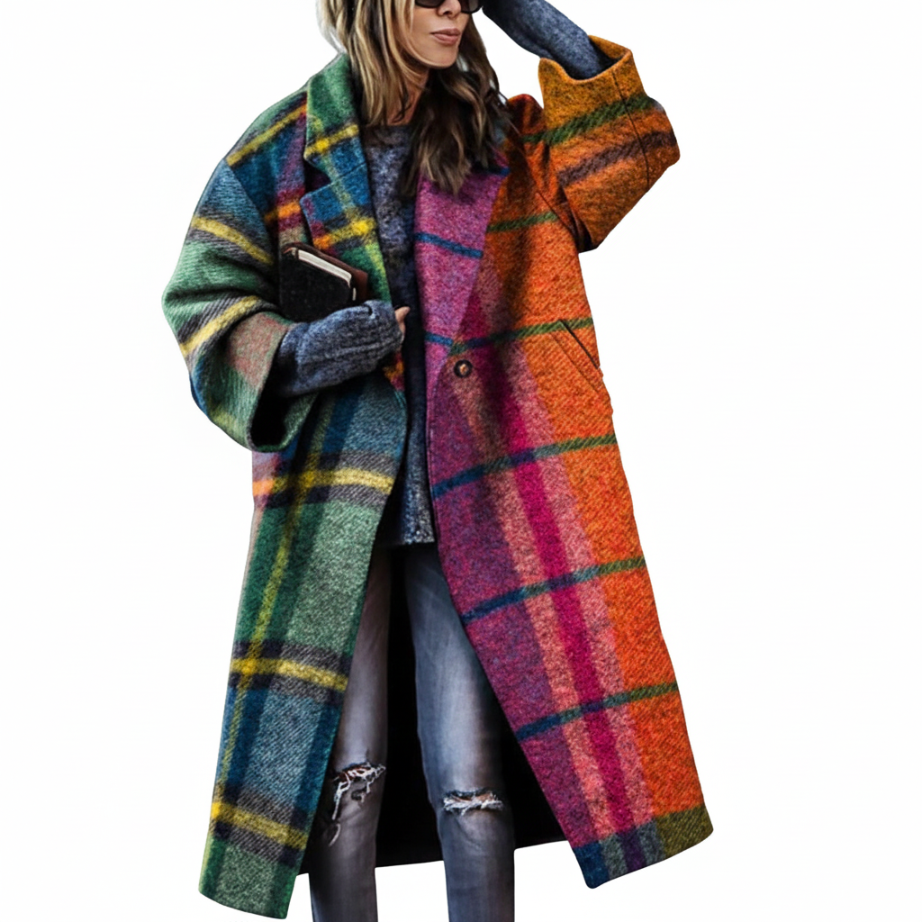 Detail of the button closure on a women's tailored wool winter coat, elegant and functional.
