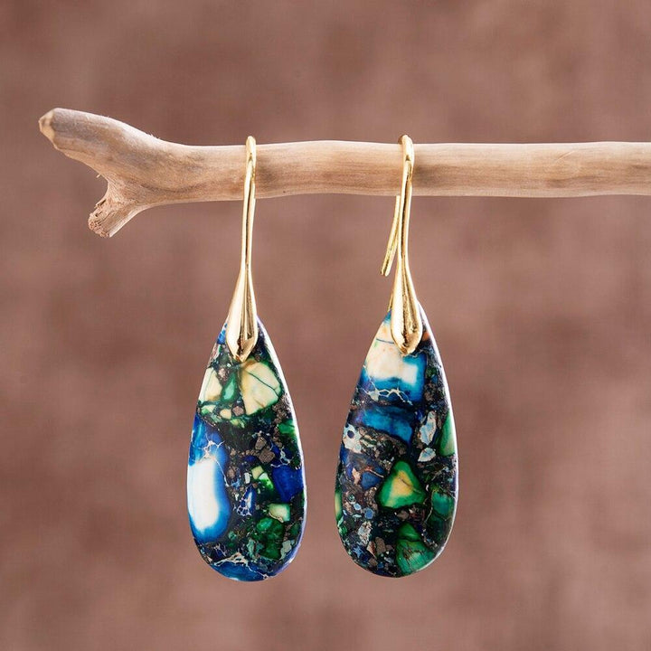 Teardrop earrings for women, crafted with natural grounding stone. Gold or silver plated elegant spiritual jewelry.