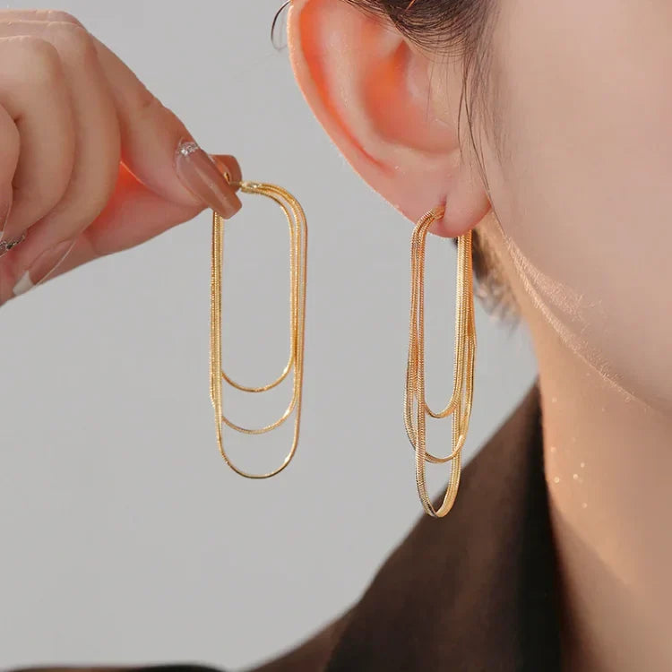 Beautiful three-layer chain drop earrings, a perfect elegant women's jewelry gift for her. Gold or silver finish.