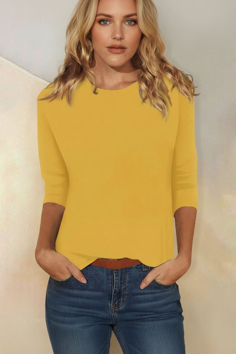 Modern women's elegant blouse featuring three-quarter sleeves, ideal for versatile casual to evening looks.