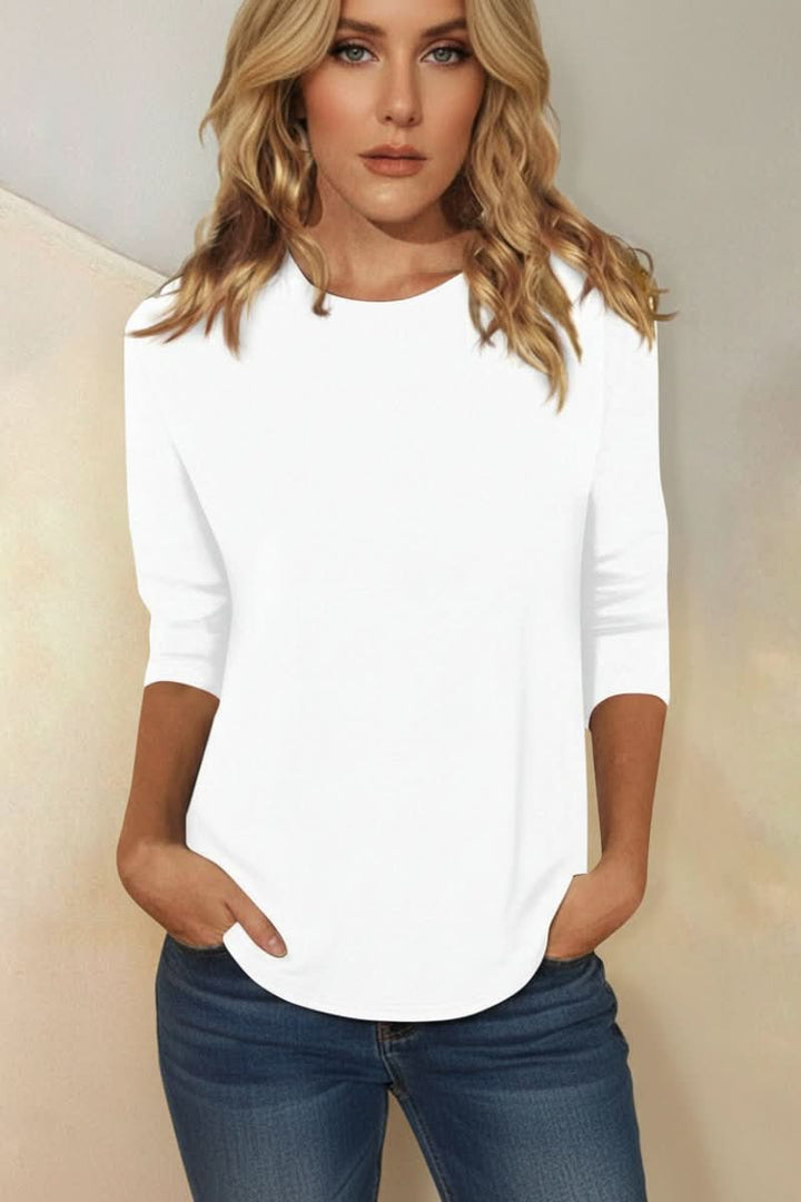 Versatile women's three-quarter sleeve top, an elegant blouse for chic daily wear and special occasions.