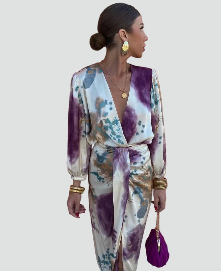 Elegant women's tie-dye wrap midi dress with V-neck, 3/4 sleeves, and adjustable waist. Perfect for cocktails.