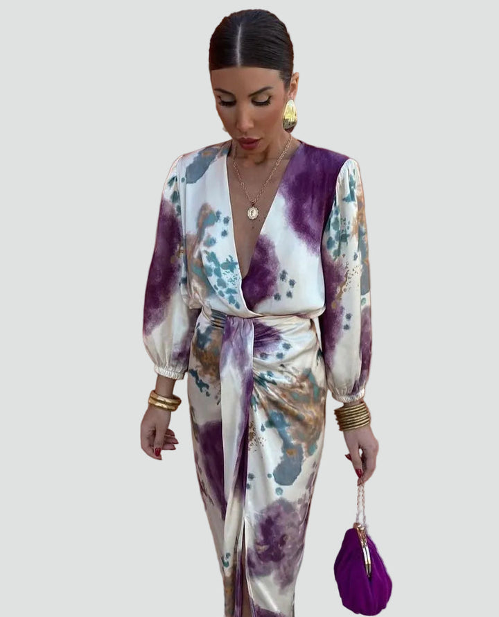 Multicolor tie-dye wrap midi cocktail dress for women. Stylish V-neck design, ideal for summer parties.