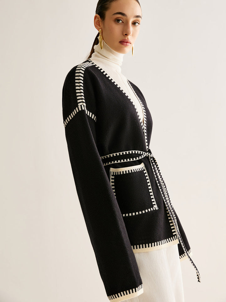 Stylish women's belted cardigan with tied front. Versatile long sleeve sweater for elegant fall fashion & winter.