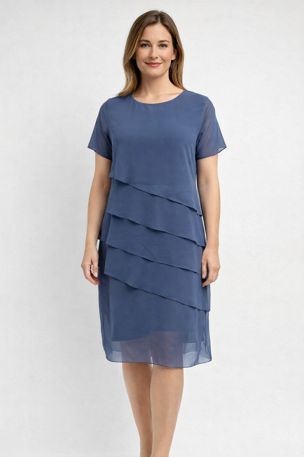 Chic women's tiered midi dress in a flattering silhouette. Modern womenswear for elegant events.