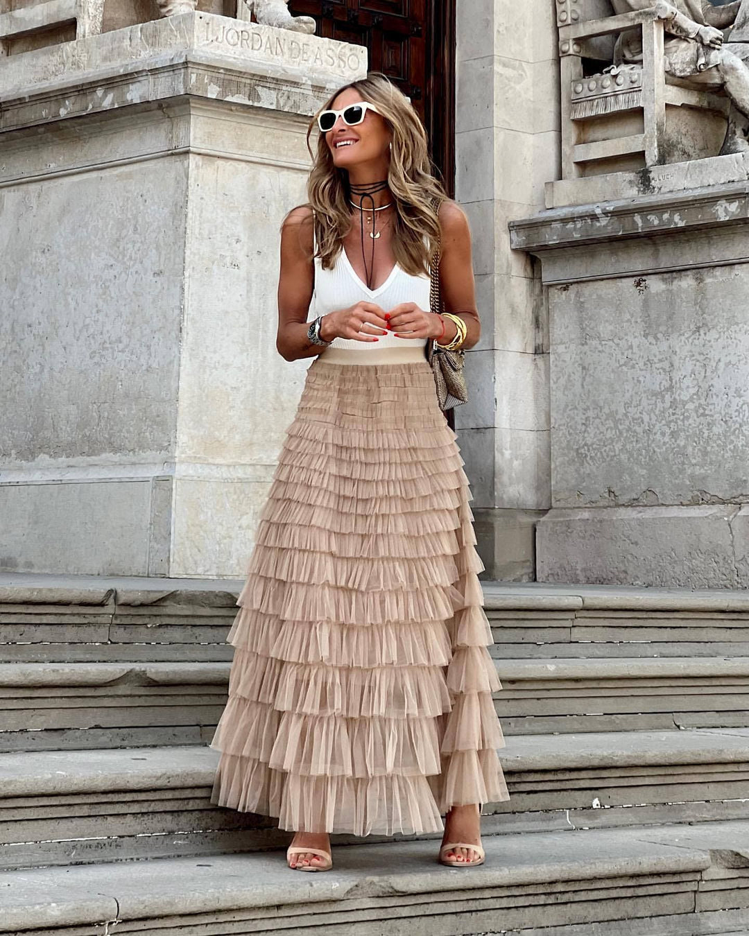 Elegant women's tiered ruffled maxi skirt, perfect for evening wear, weddings & formal occasions. Flowy & chic.