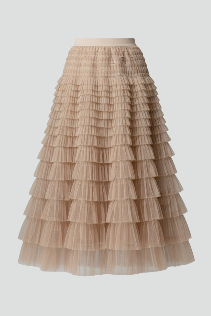 Elegant women's tiered tulle midi skirt, high waist, perfect for parties, romantic evenings, or formal wear.