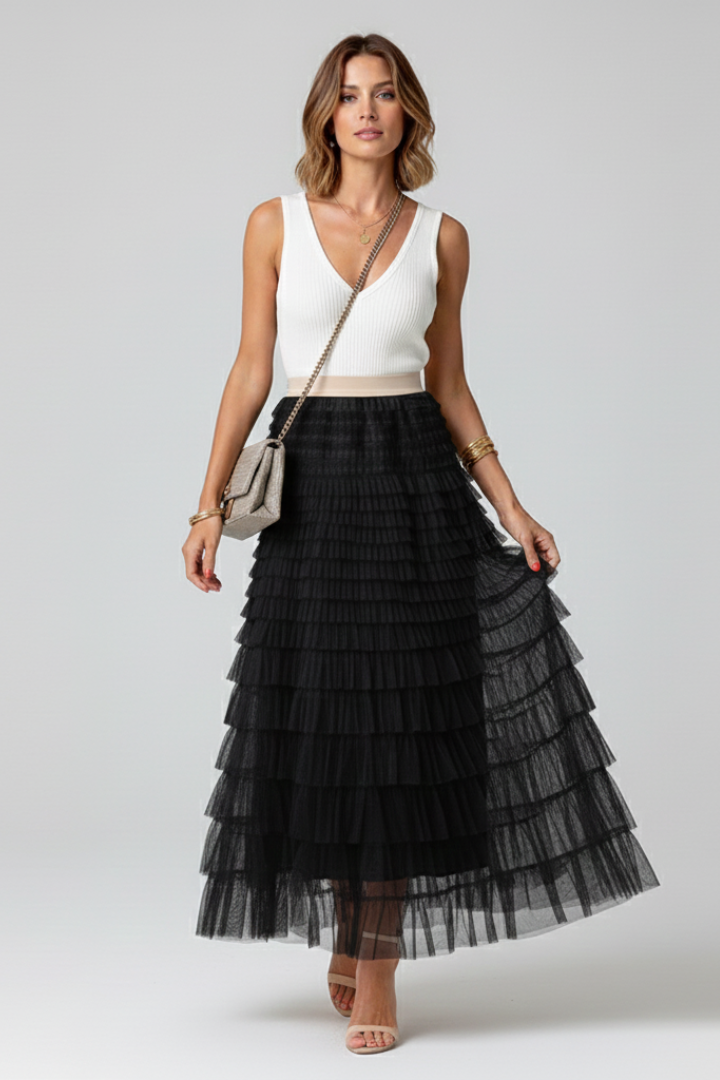 Chic women's elegant tiered tulle midi skirt, high-waist design, featuring beautiful ruffle tiers for parties.