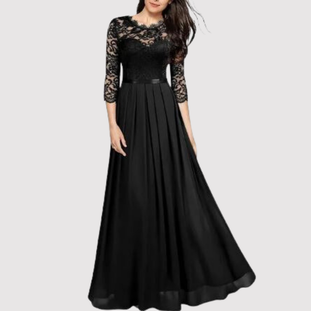Flattering long maxi evening dress for women. A sophisticated formal gown ideal for wedding guests & events.