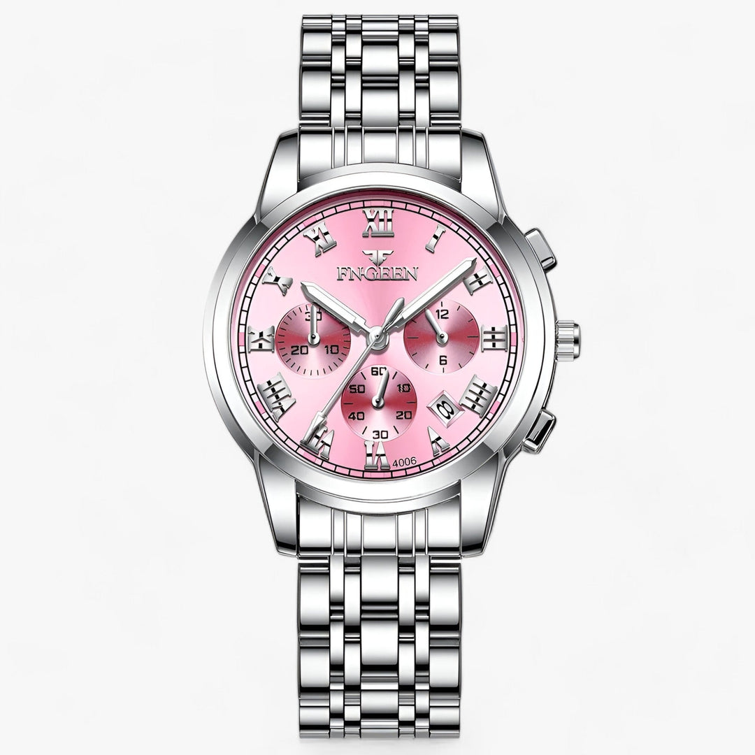 Women's elegant titanium watch with quartz movement, water-resistant and clear date display.