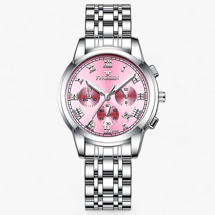 Women's elegant titanium watch with quartz movement, water-resistant and clear date display.