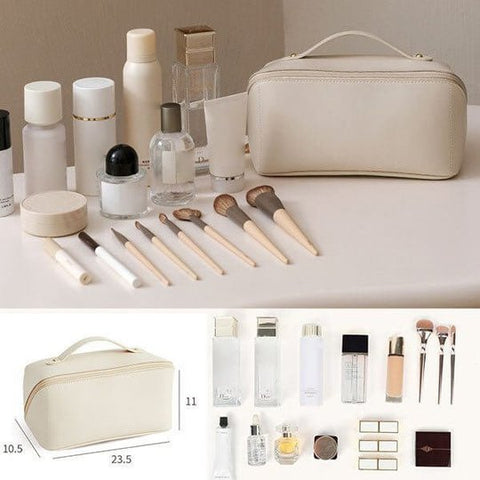 Stylish portable vanity bag in brown, a versatile cosmetic case for organizing makeup on the go.
