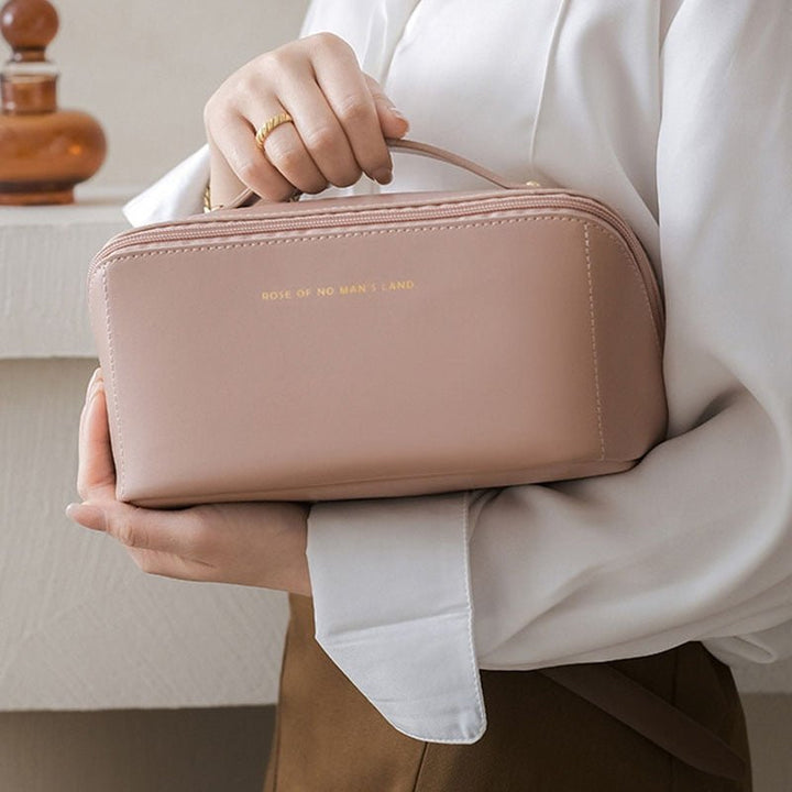 Brown chic beauty storage case, a durable and fashionable makeup organizer for travel.