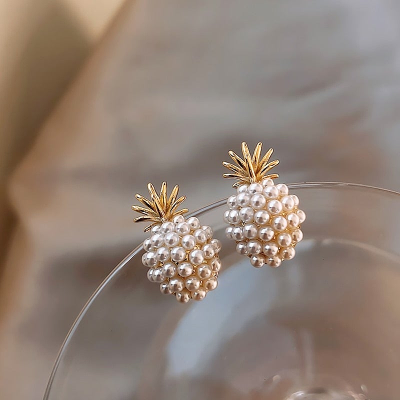 Elegant women's tropical pineapple pearl drop earrings, perfect for summer jewelry and a playful, chic look.