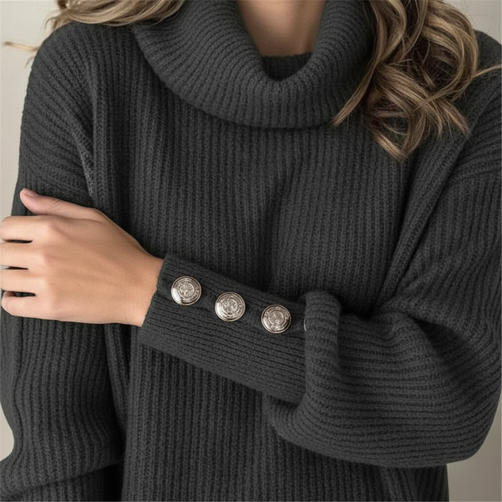 Wilma long sleeve turtleneck sweater for women, winter fashion, sophisticated button details on cuff