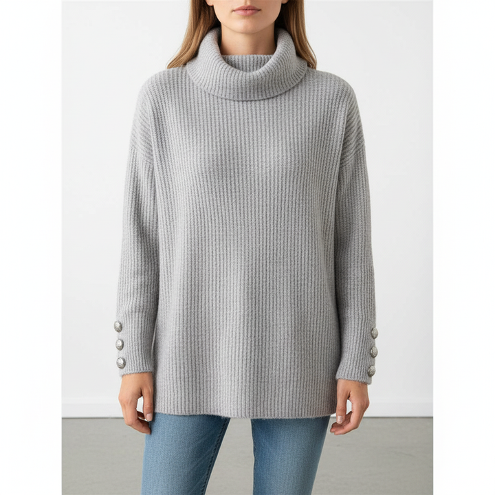 High-neck Wilma sweater, women's apparel with stylish button cuff accents, warm and comfortable