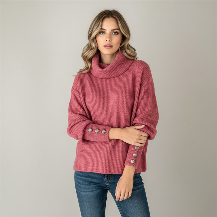 Model wearing a Wilma women's turtleneck sweater; showcases elegant button cuffs and long sleeves