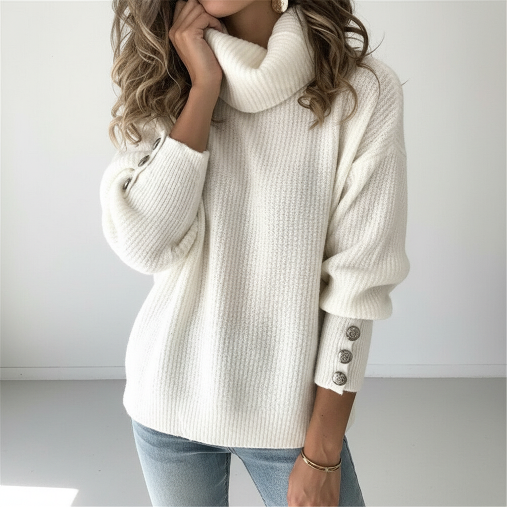 Fashionable women's turtleneck top, cotton blend, featuring refined button cuff details, versatile style