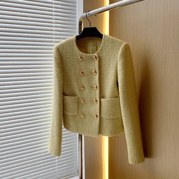 Elegant women's tweed blazer jacket with unique texture, perfect for formal or chic casual outfits. Tailored fit.