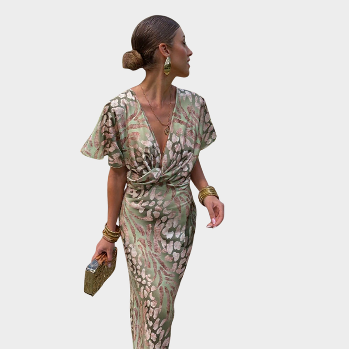 Elegant women's twist front maxi dress with V-neck, perfect for evening parties & special occasions.
